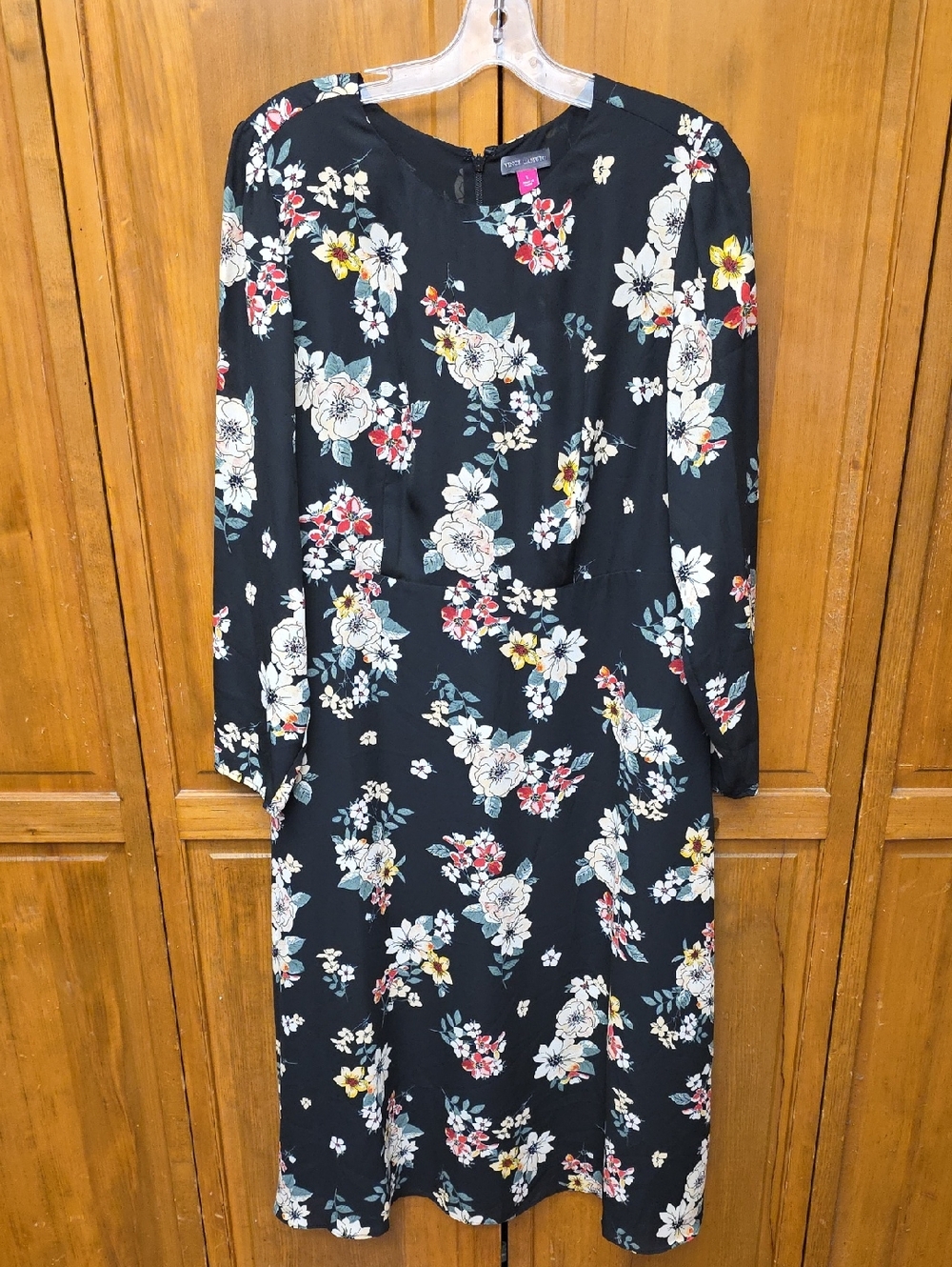 Vince Camuto Lightweight  Midi Dress A Line Long Sleeves Black Floral Size Large